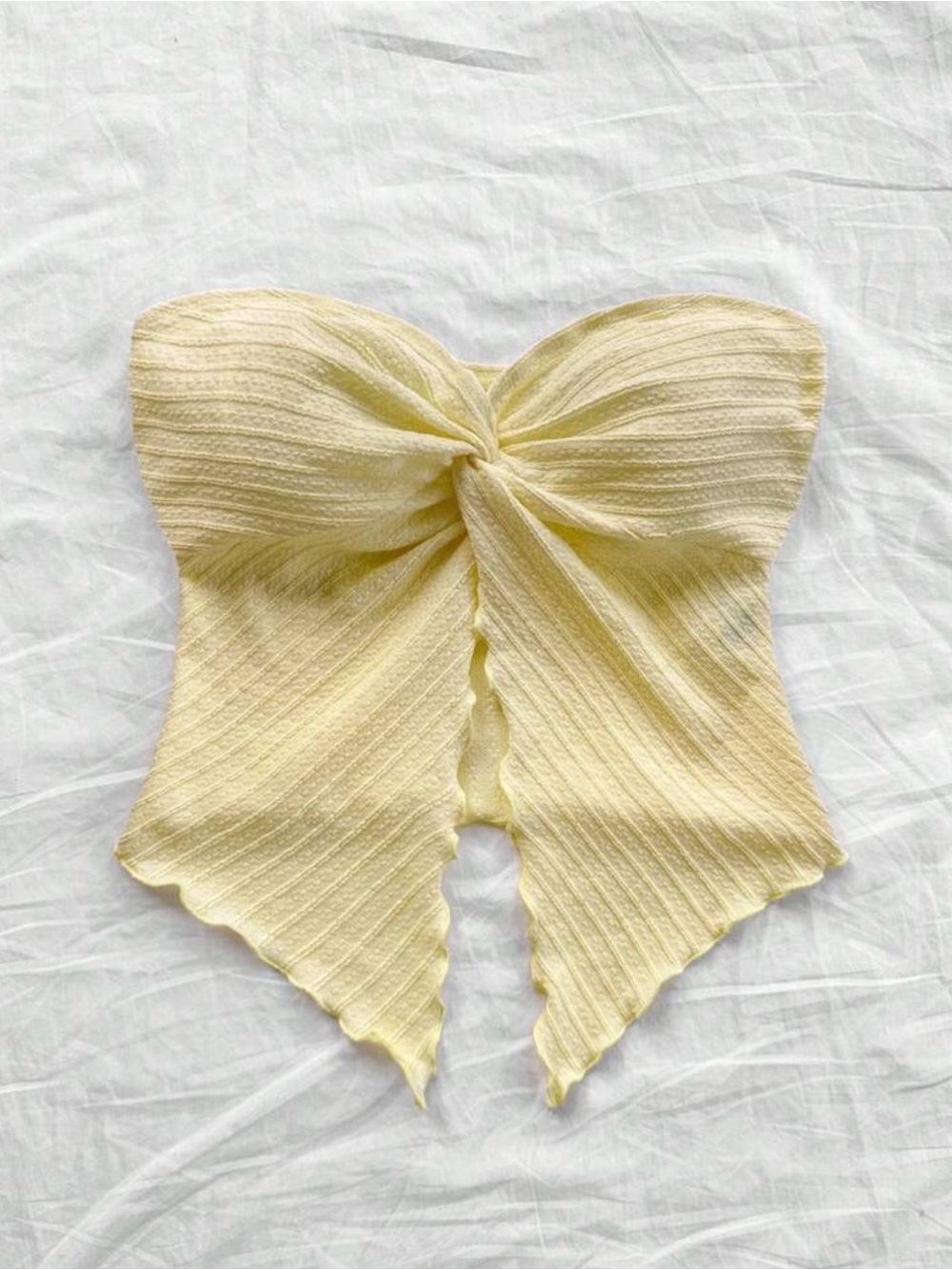 Yellow Twist-Front Strapless Ribbed Crop Top